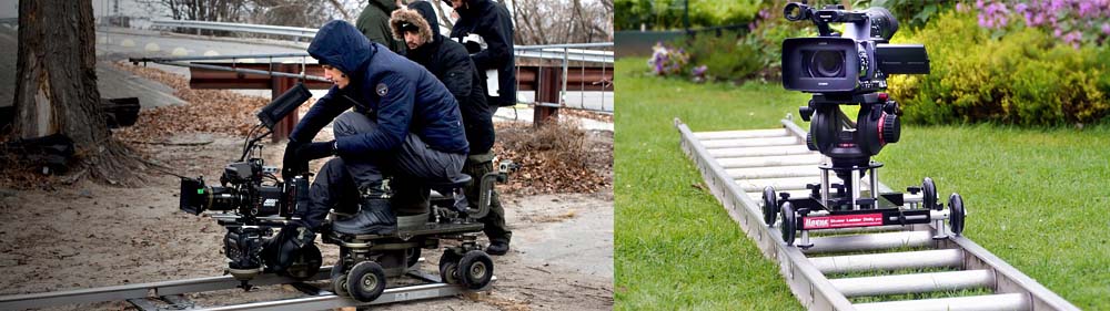 Dolly technique: moving the camera on a rail to get closer to or further away from the subject