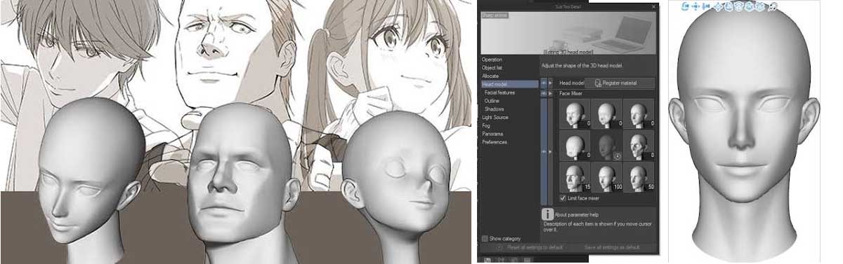 مدل‌های سه‌بعدی سر در Clip Studio Paint
