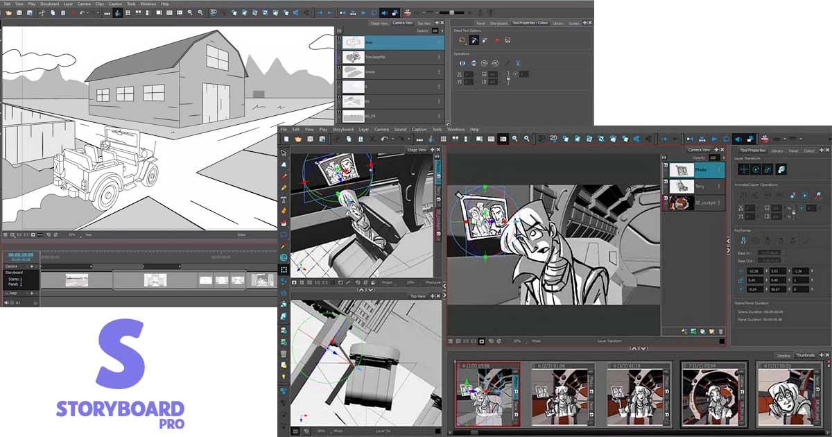 Storyboard panels and a finished 2D animation frame illustrating the animation production workflow
