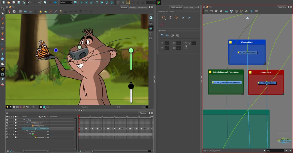 Toon Boom Harmony rigging workspace showing a character, deformers and connected nodes