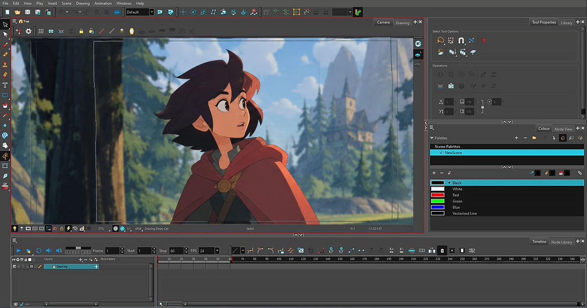 Toon Boom Harmony interface showing a 2D animated character, Node View, drawing tools, color palettes, and animation timeline