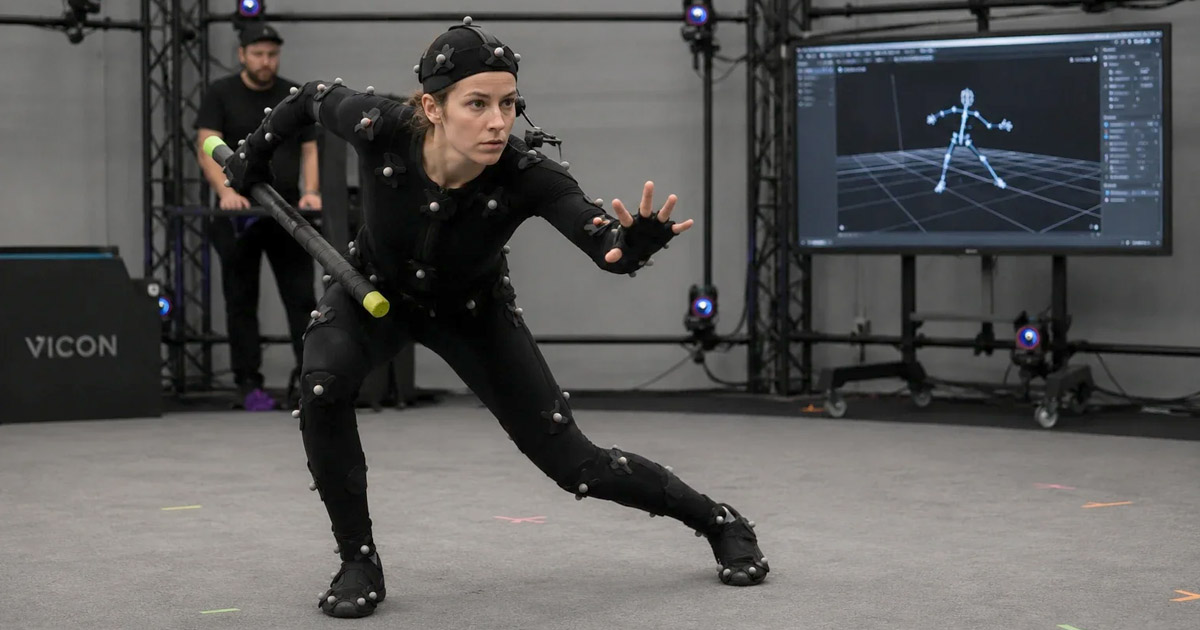 Actor performing in a Vicon optical motion capture studio with tracking markers and a live skeletal preview