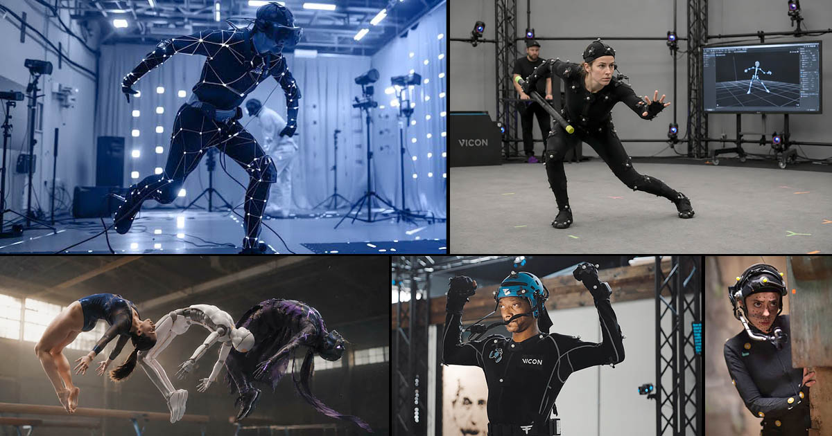 بازیگری در استودیوی Optical Motion Capture شرکت Vicon، با نشانگرهای ردیابی روی بدن و پیش‌نمایش زندهٔ اسکلت حرکتی