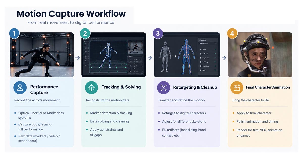 Motion capture workflow from performance recording and motion solving to retargeting and final character animation