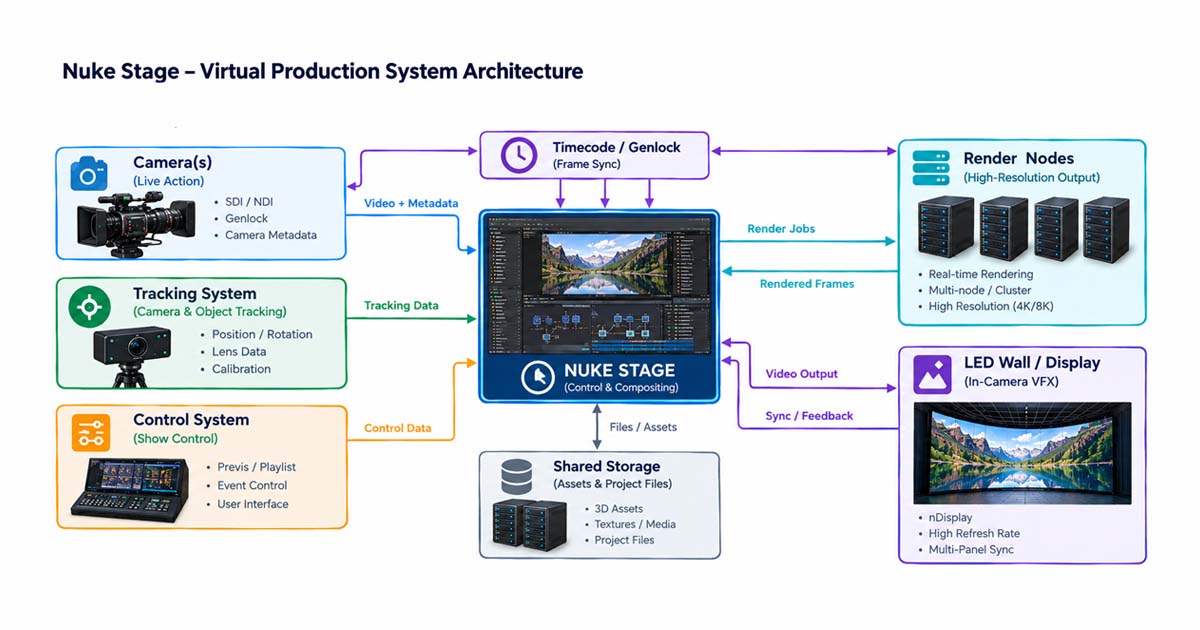Nuke Stage virtual production architecture showing render nodes, camera tracking, and timecode synchronization