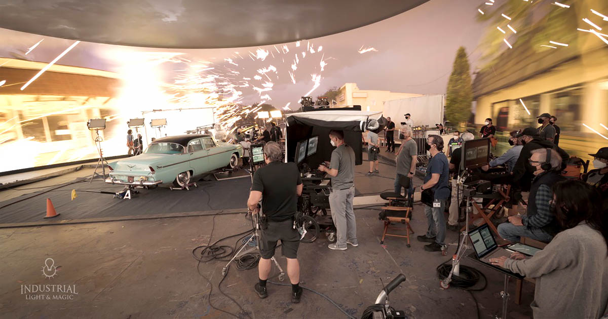 Virtual production LED volume displaying a digital environment during live-action filming