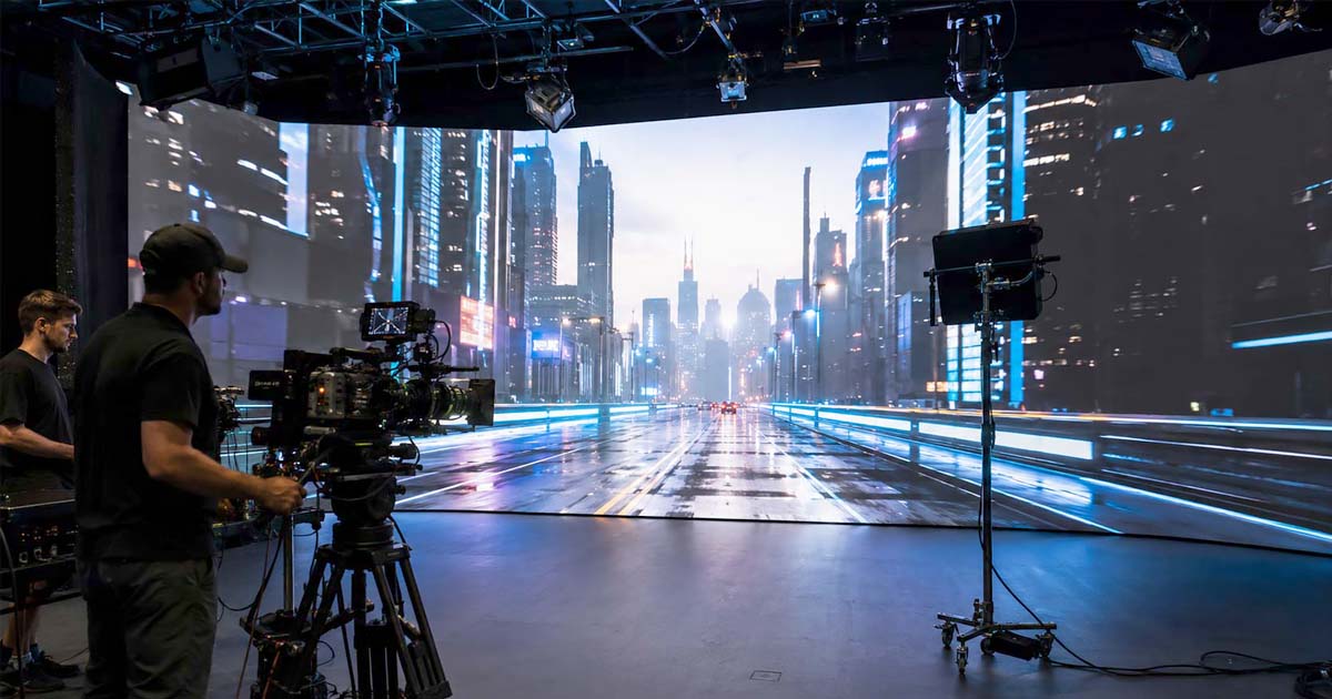 Camera tracking setup connecting a physical cinema camera to a real-time virtual environment on an LED wall
