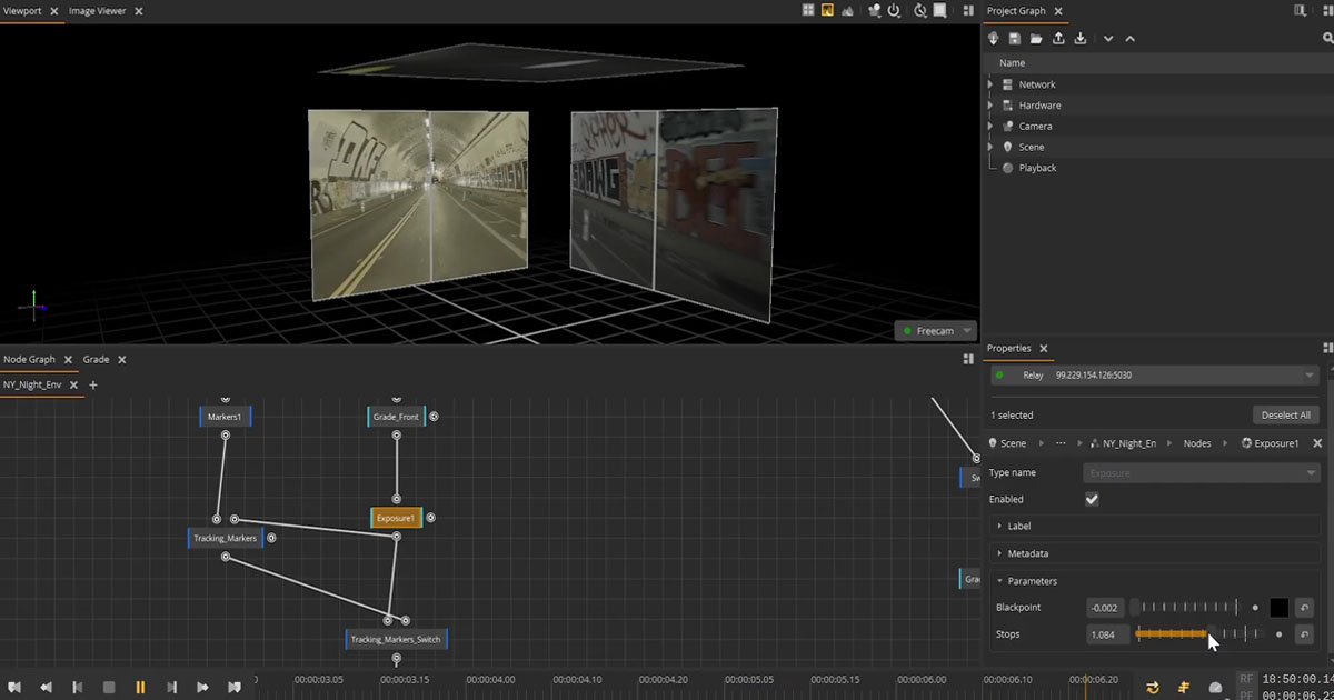 Foundry Nuke Stage interface showing the node graph, 3D viewport, and Sequencer timeline