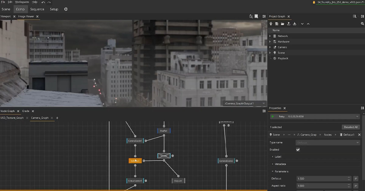 Nuke Stage interface showing the node graph, 3D viewport, and Sequencer timeline