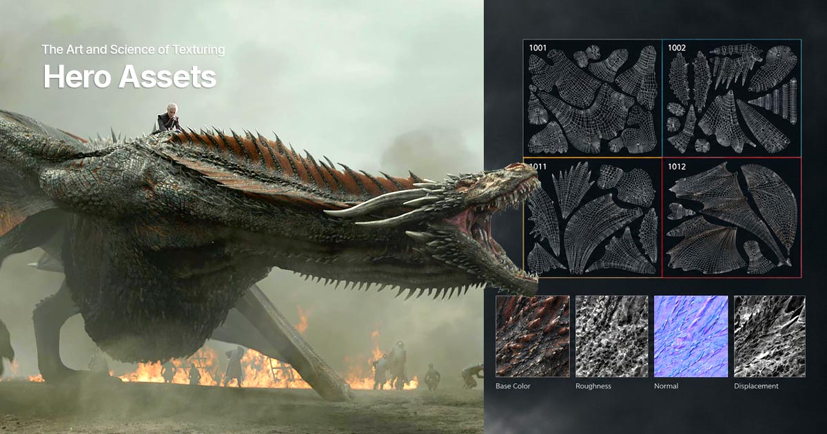 Hero asset texturing for film, featuring a dragon, UV layouts, and texture maps.