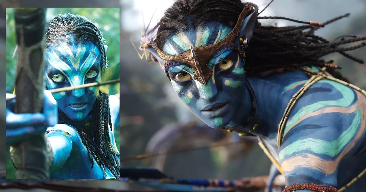 Close-up of a Na'vi character from Avatar showing blue skin patterns and fine surface detail