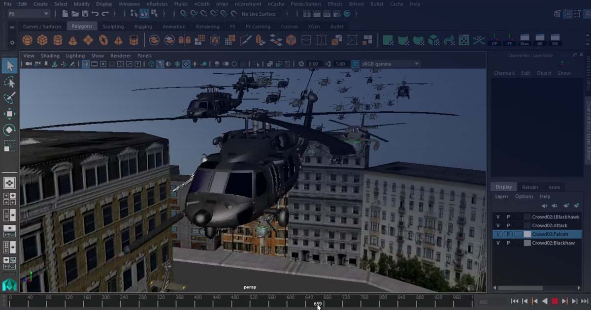 how to simulate the attack of helicopters by particles in Maya